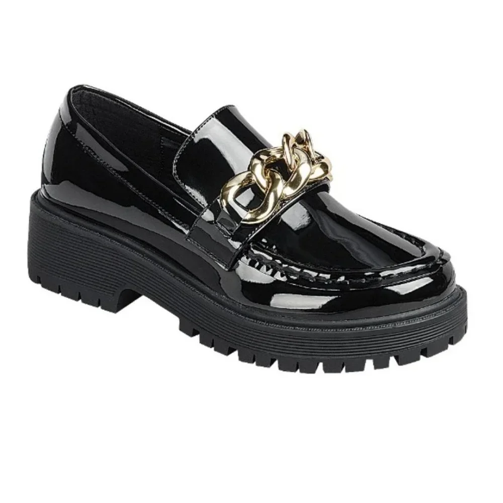 !! RESTOCKED !! Black Patent Leather Chunky Heel Loafers with Chain Detail - Picture 2 of 2